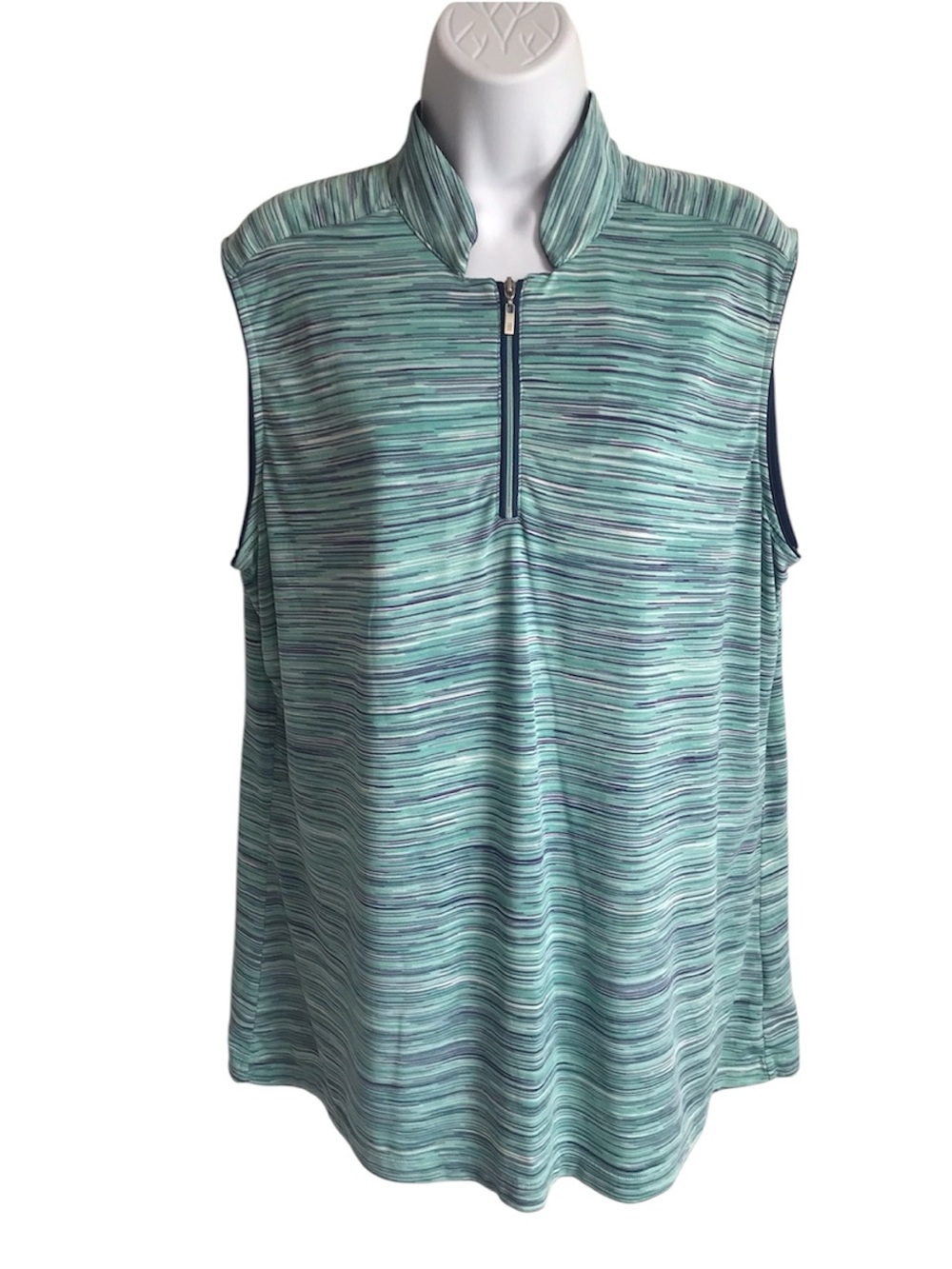 TAIL Women’s XL Navy & Teal Striped Sleeveless 1/4 Zip Golf Polo Shirt in EUC